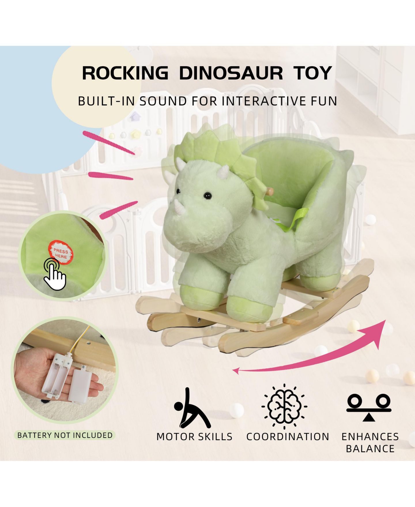 Детская мягкая игрушка SEVORLEY Plush Dinosaur Rocking Ride-On Toy, Ages 1-3, цвет: Зелёный — фото 6