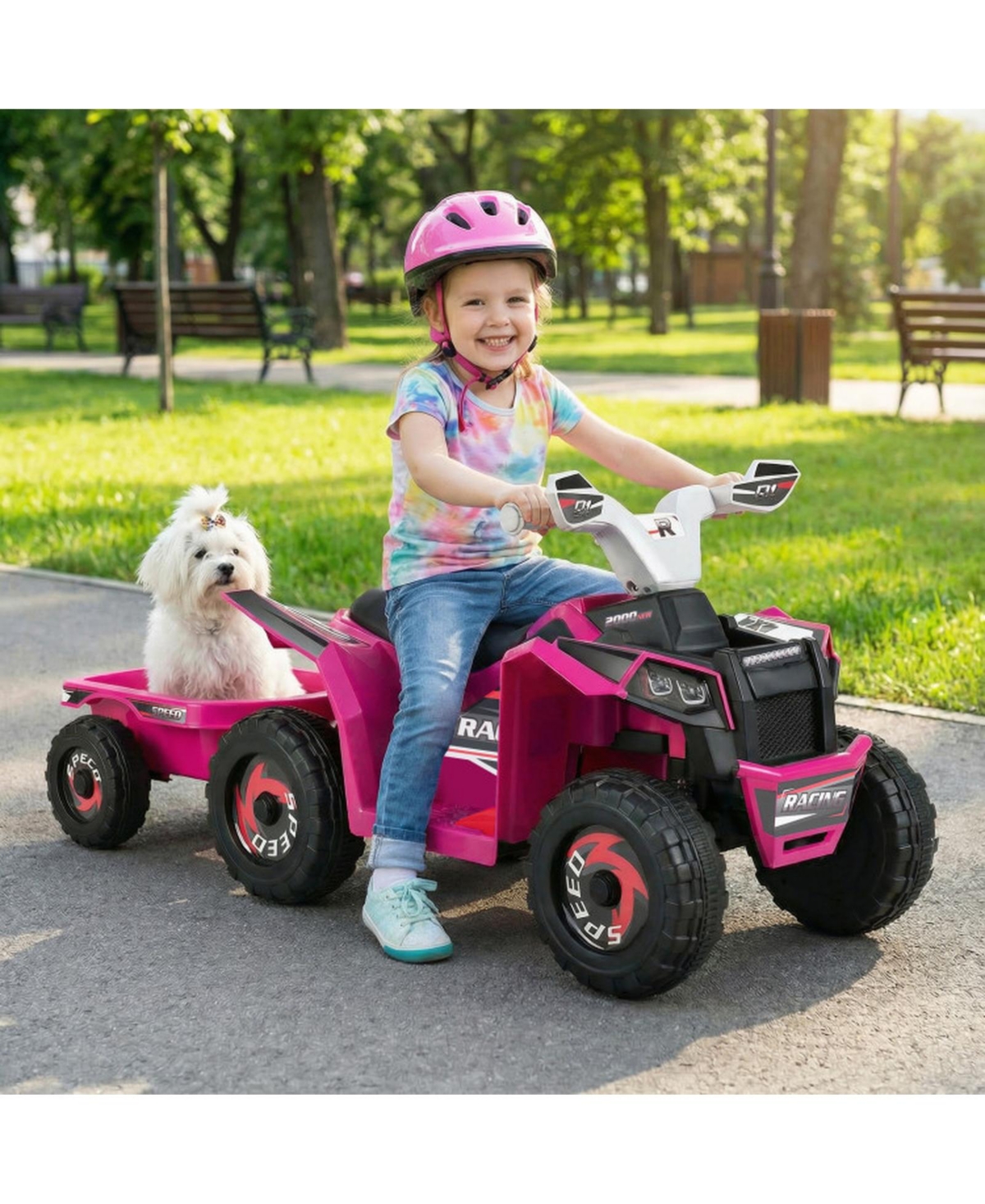 Hongge 6V Electric Atv Quad 2-in-1 with Detachable Cargo Trailer, 66 lbs Capacity, Ages 3+