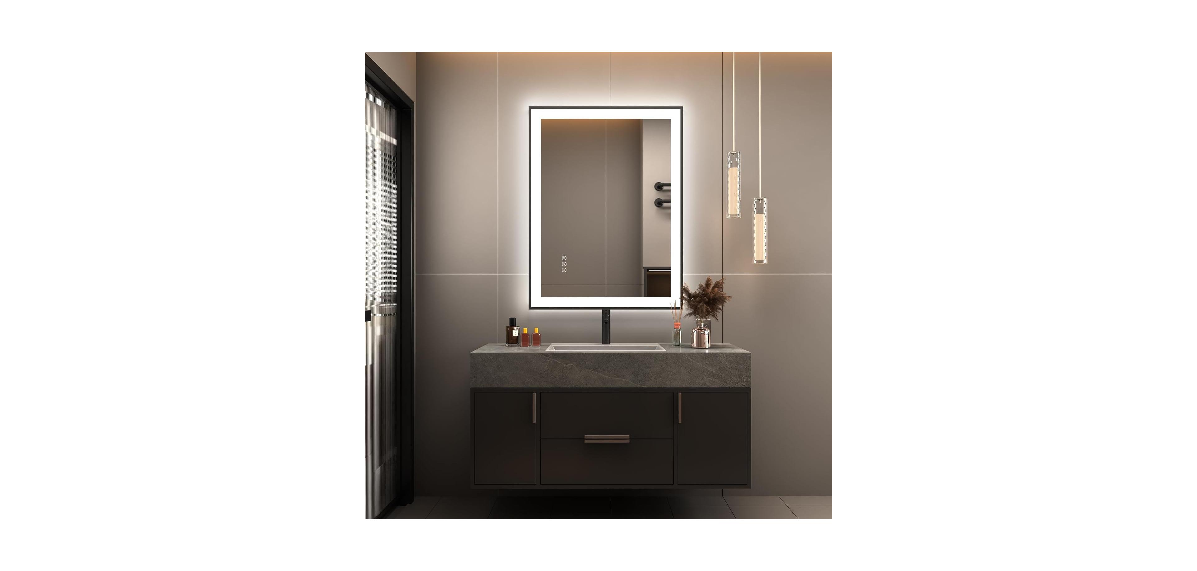 Busdays 28 x 20 Inch Led Bathroom Mirror Front and Backlit Anti Fog 3 Colors Dimmable Tempered Glass Wall Mount
