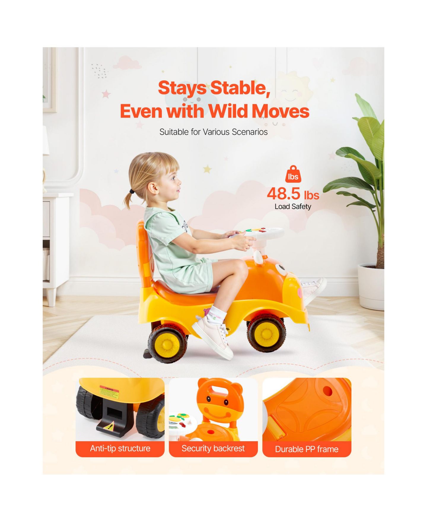 Детская игрушка SUGIFT Toddler Ride On Push Car with Horn Music and Under Seat Storage, 48.5 lb. Capacity, Ages 19-36 Months, цвет: Жёлтый — фото 5