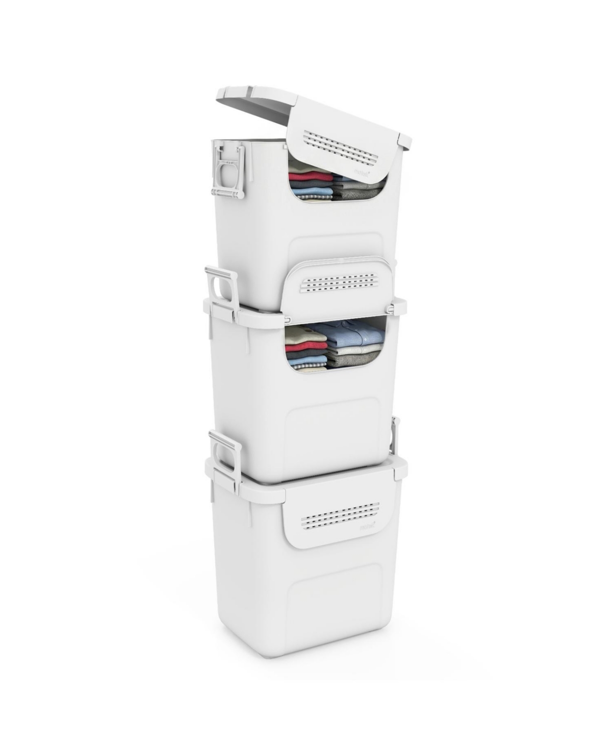 Volenca 3-Piece Stackable Plastic Storage Bins with Stay-Open Lids and Wheels - White