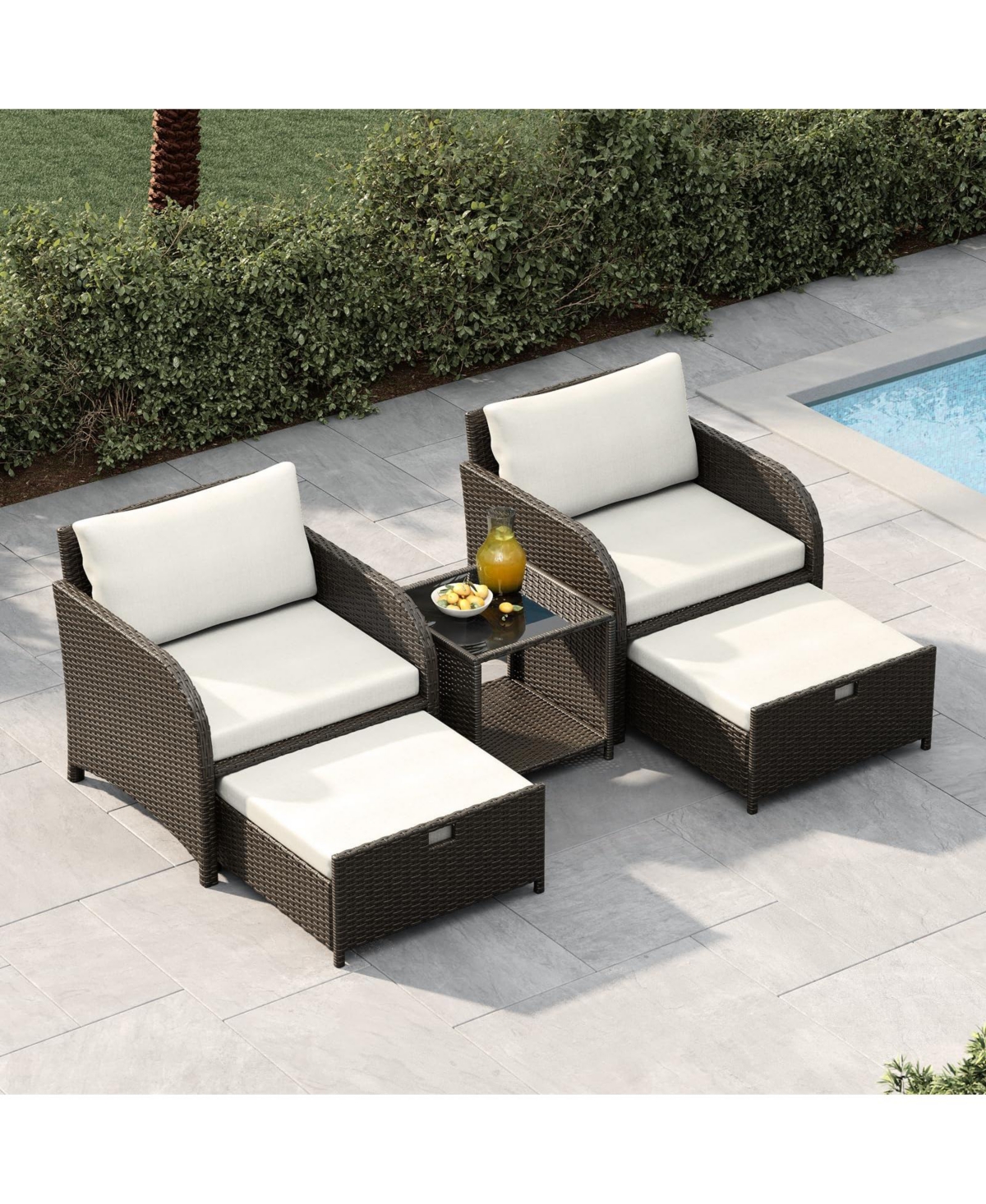 homfan 5-Piece Outdoor Patio Conversation Set Rattan Wicker Patio Furniture with Hidden Ottomans, Soft Cushions and Glass Coffee Table