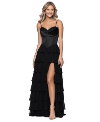 Juniors' Sweetheart Chiffon Tiered Lace-Up Back Corset Ball Gown