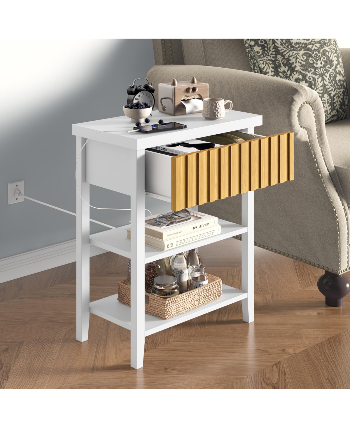 Flynama Fluted Nightstand with Charging Station