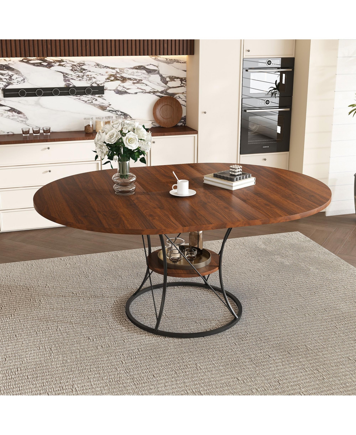 flynama Expandable Round Dining Table with Storage Shelf