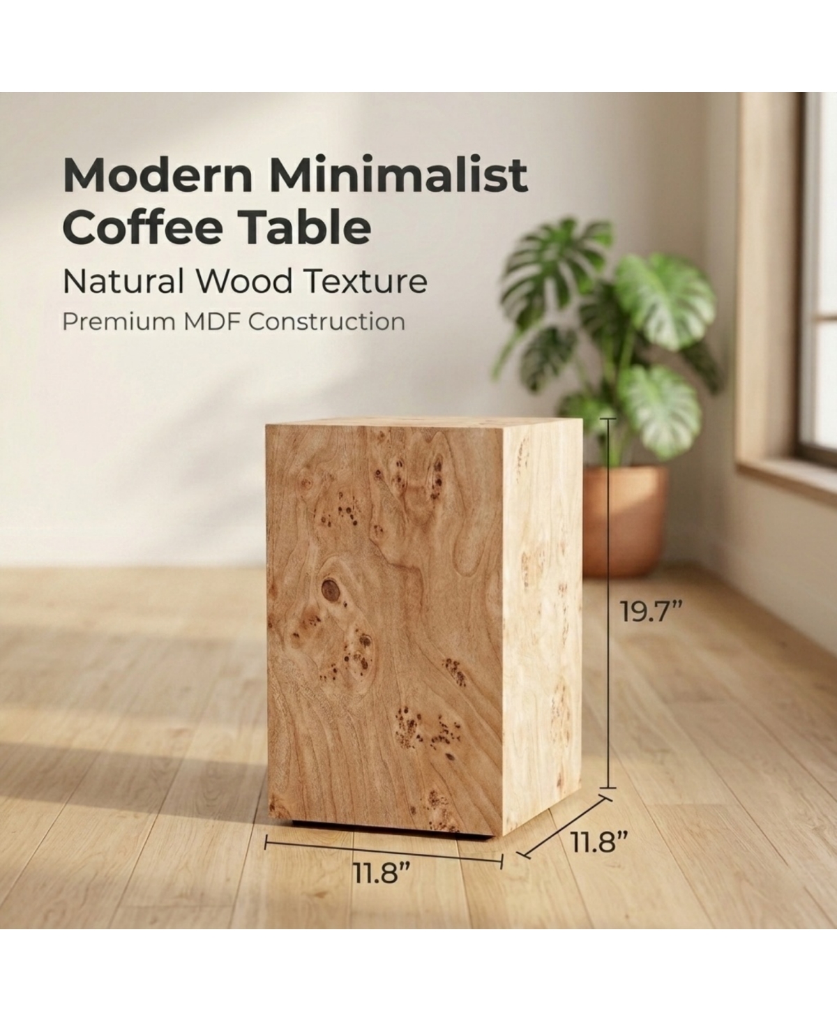 Streamdale Furniture Wood-Grain Mdf Wabi-Sabi Square Coffee Table and Side Table (11.8"x11.8"x19.7)