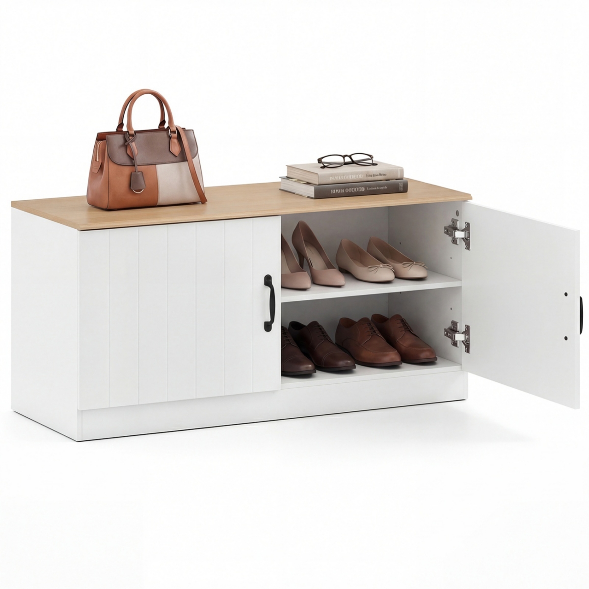 Sugift 2-Door Shoe Storage Bench with Adjustable Shelves and 300 Pound Seating Top for Entryway