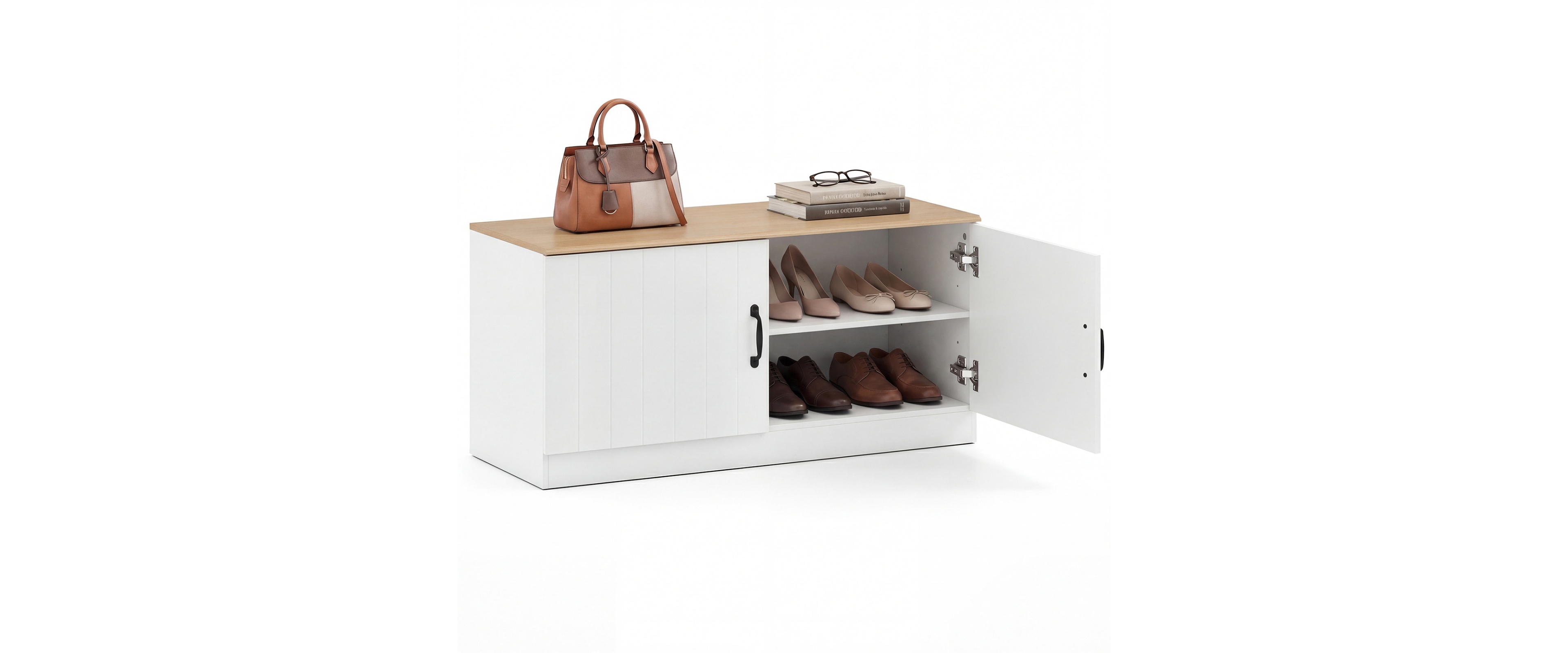 Sugift 2-Door Shoe Storage Bench with Adjustable Shelves and 300 Pound Seating Top for Entryway
