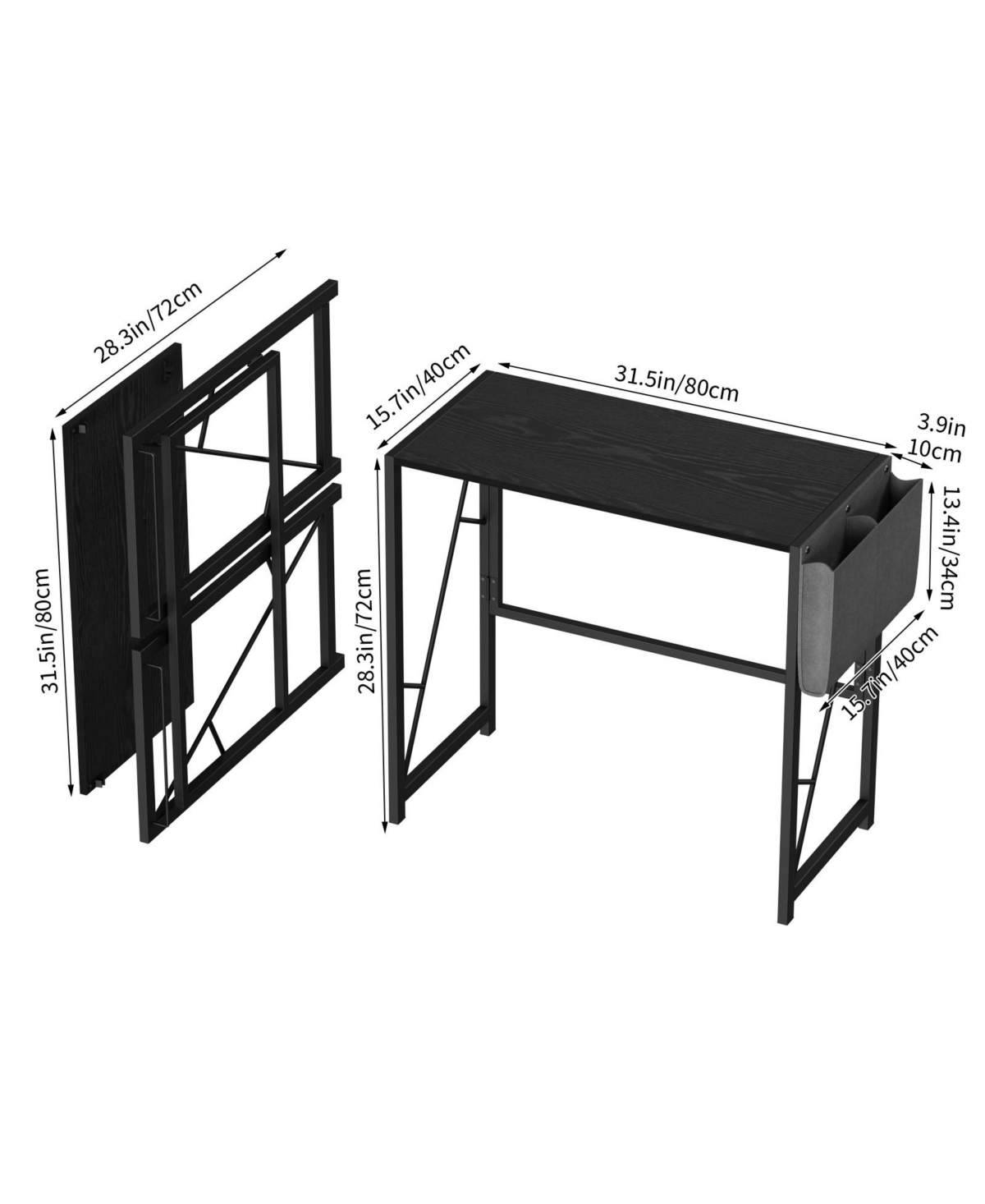 gaomon Folding Computer Desk with Side Storage Bag and Accessory Hook, Compact Modern Home Office Workstation, Space-Saving Writing