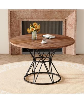 47.3 Inch Walnut Wood Grain Round Dining Table with Hourglass Metal Bracket for 4-6 People
