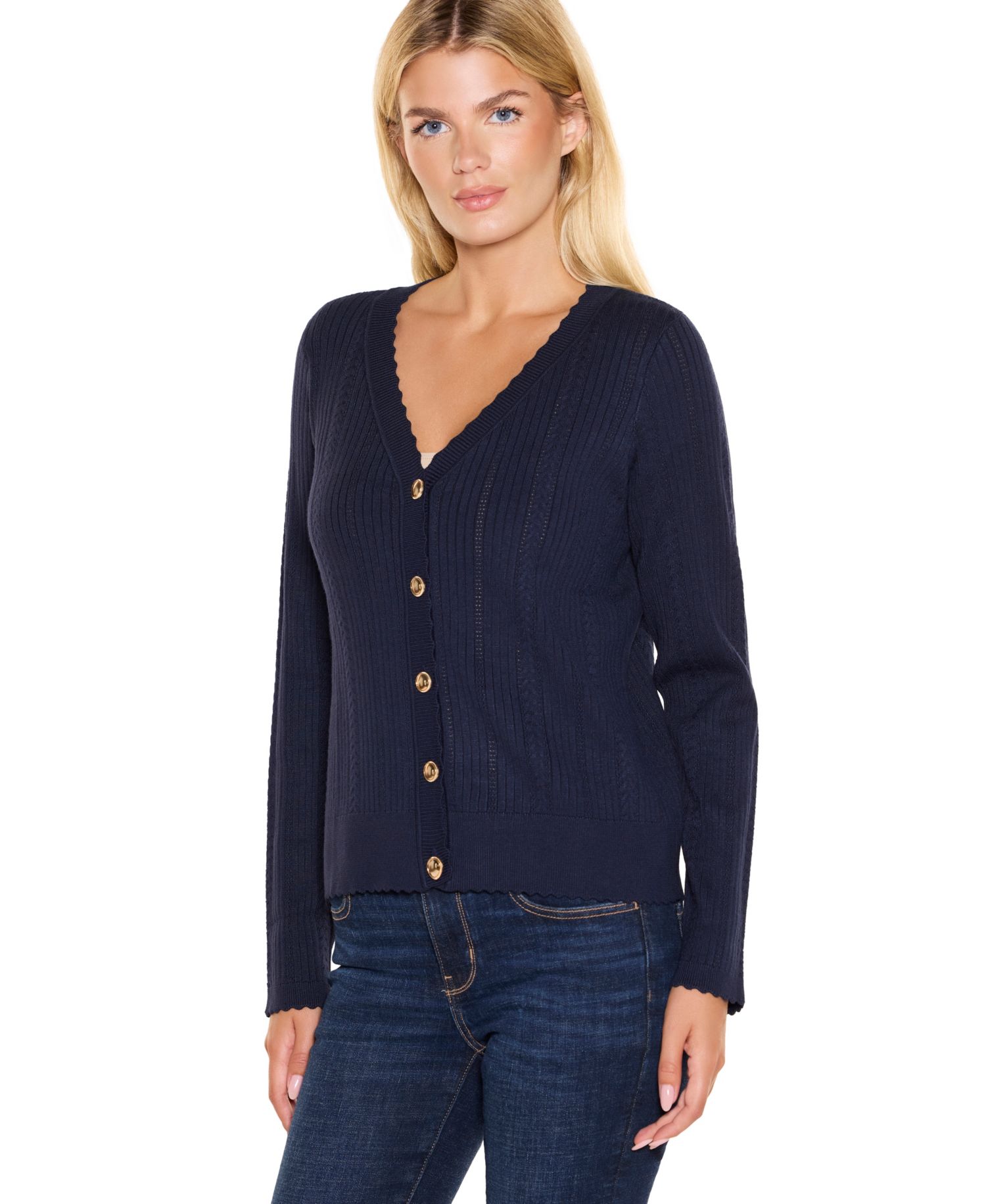 Women's Ribbed Cable V-Neck Button-Front Cardigan