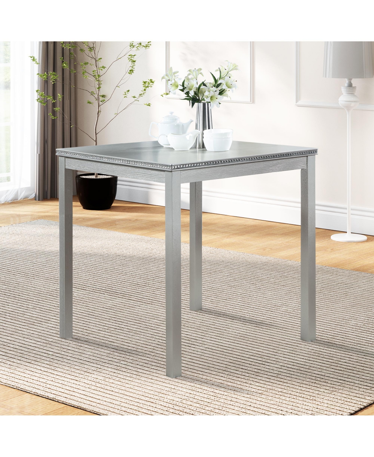 flynama Square Counter Height Table with Crystal Inlay - Silver grey