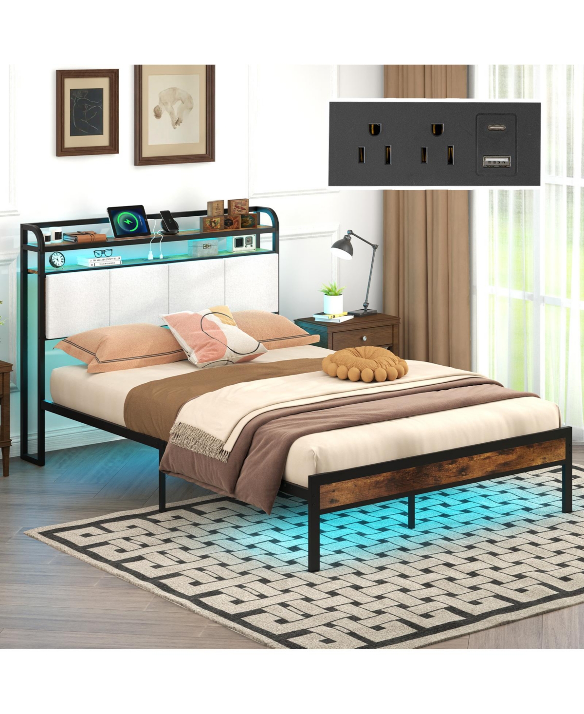 Slickblue Modern Bed Frame with Led Lighting and Charging Station
