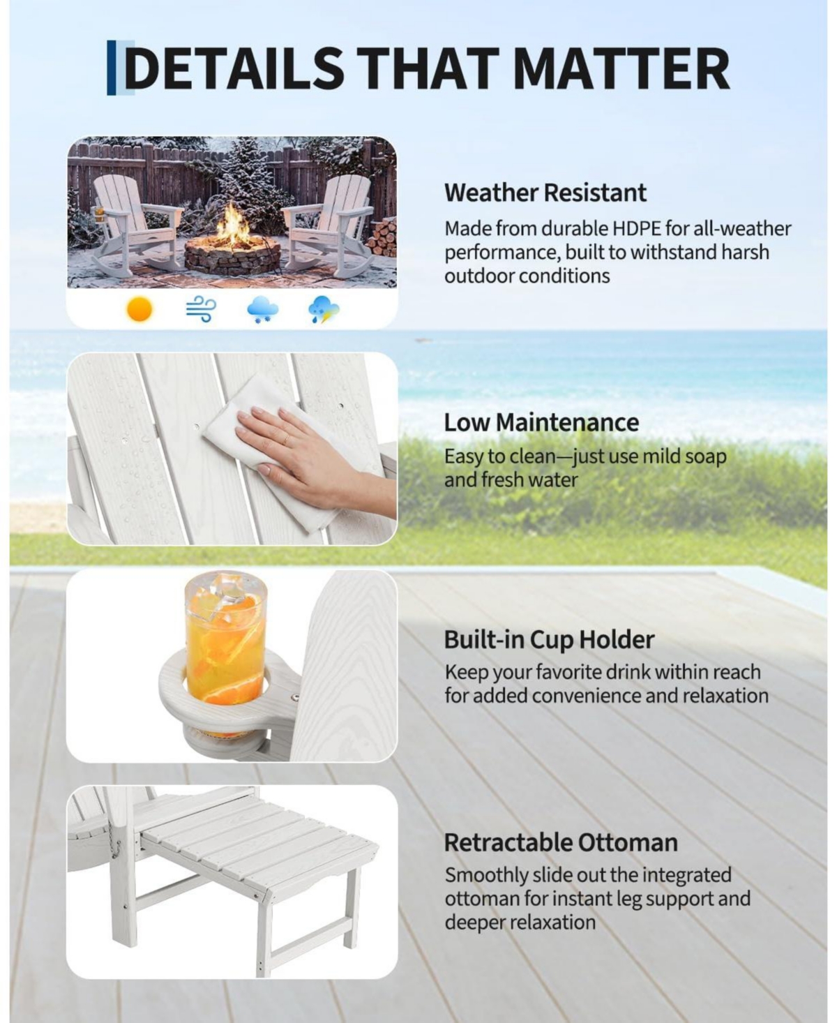 homfan Set of 2 Adirondack Rocking Chairs with Ottoman, Weather-Resistant Hdpe Patio Rockers with Cup Holders, Folding Outdoor Chairs.