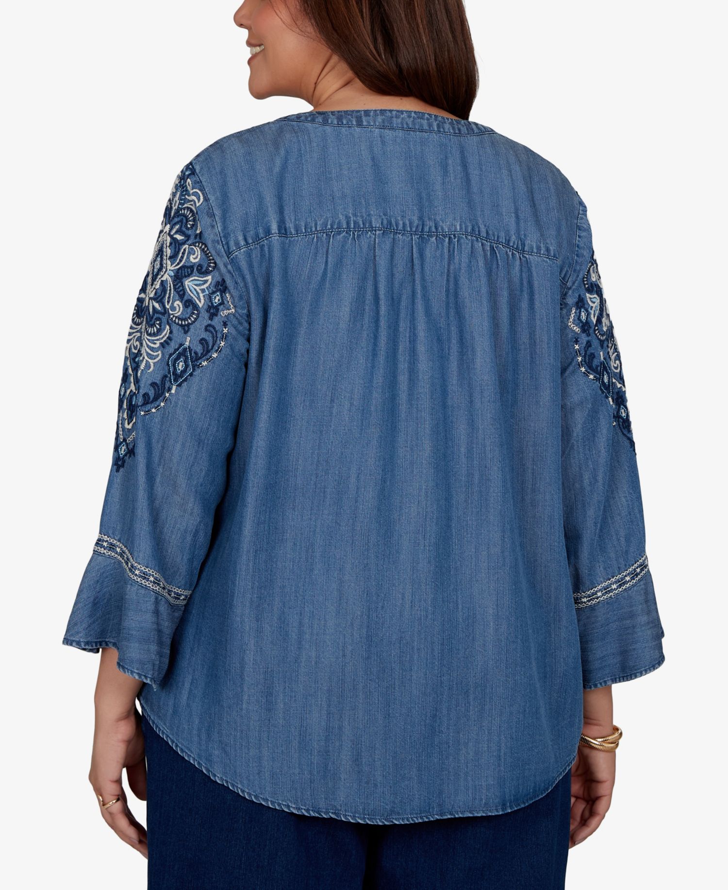 Plus Size Embroidered Henley Denim Blouse