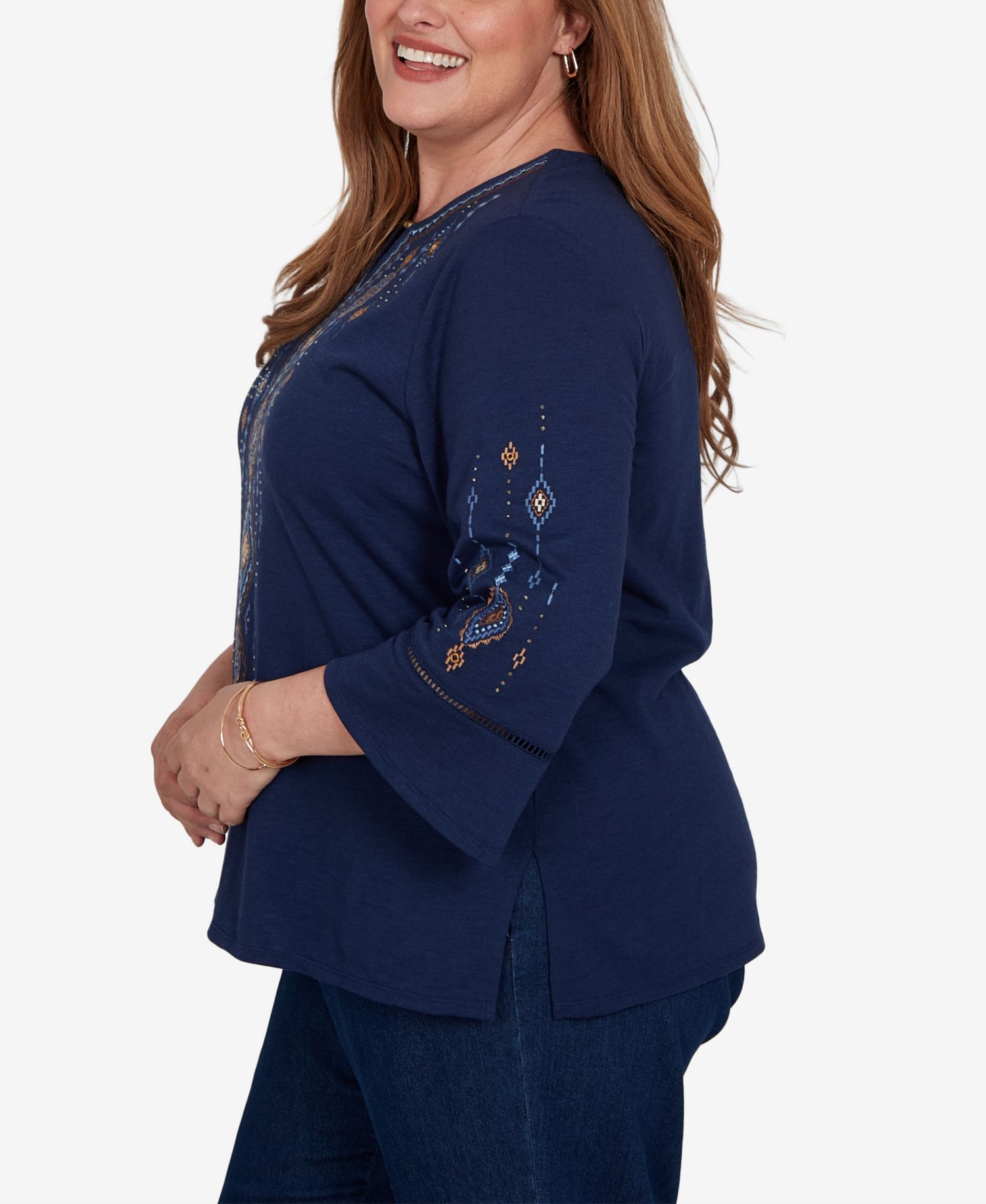 Plus Size Keyhole Neck 3/4-Length Bell-Sleeve Top