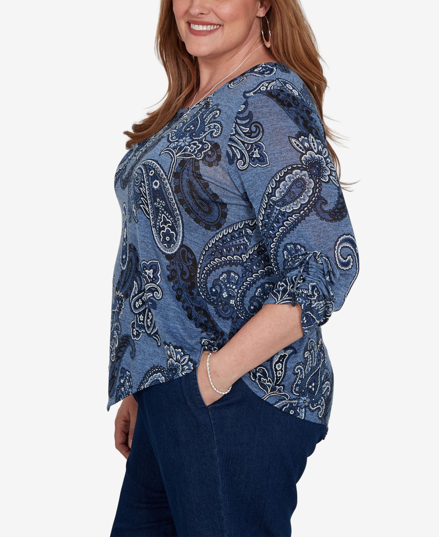 Plus Size V-Neck 3/4-Sleeve Asymmetric Hem Blouse
