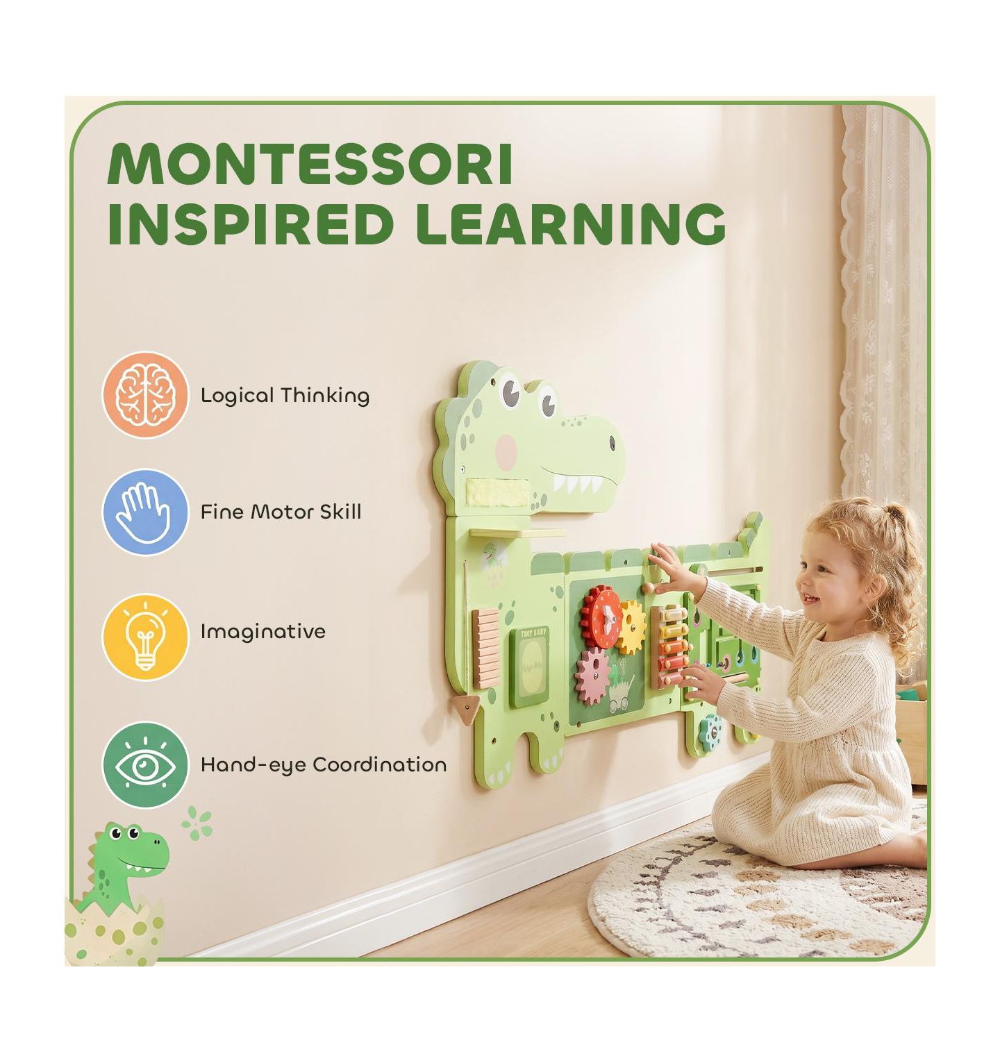 Детская игрушка Qaba Dinosaur Wall-Mounted Busy Board, Music and Sensory Learning, Ages 2+, цвет: Зелёный — фото 5