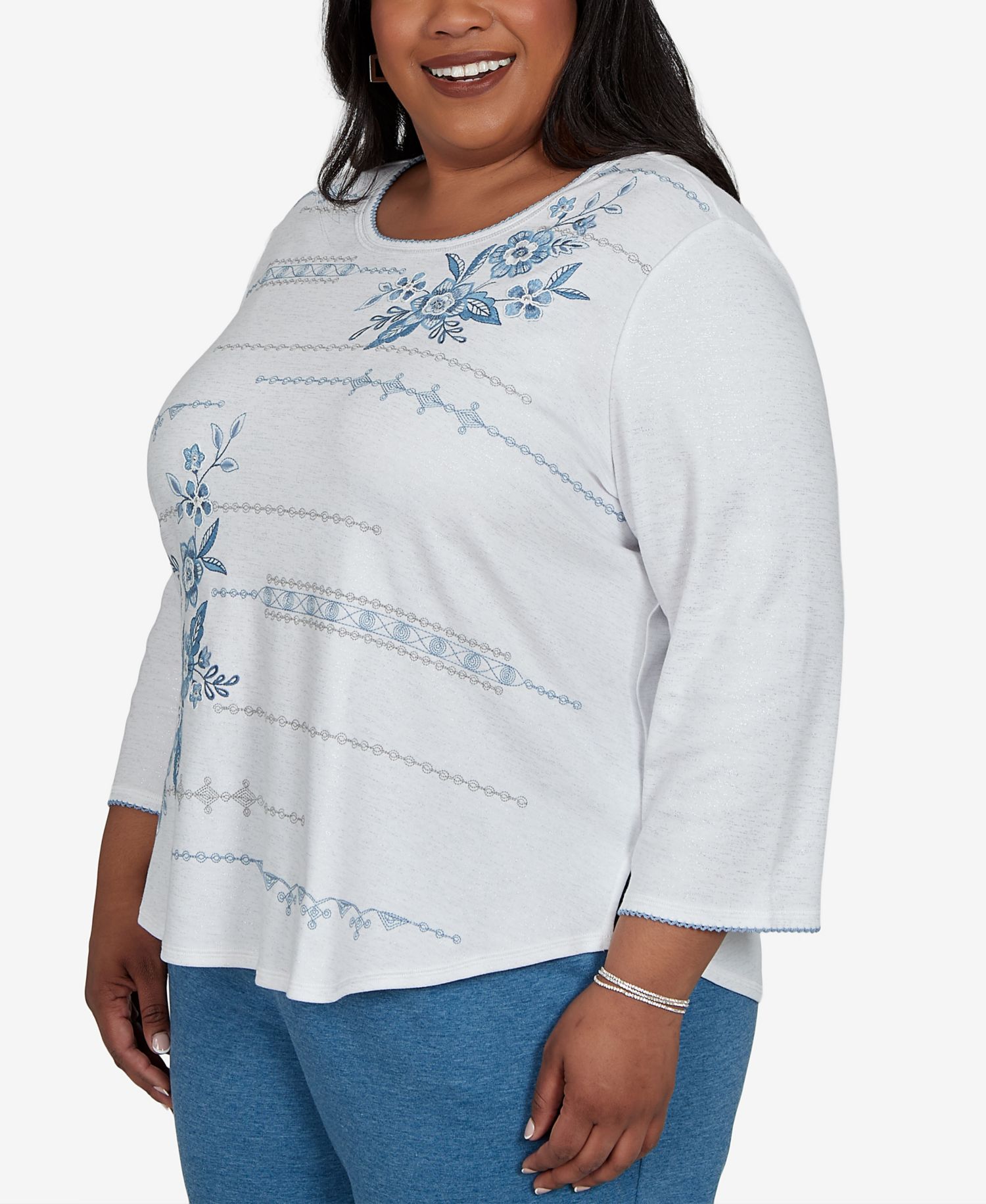 Plus Size Floral-Print 3/4-Sleeve Cotton-Blend T-Shirt