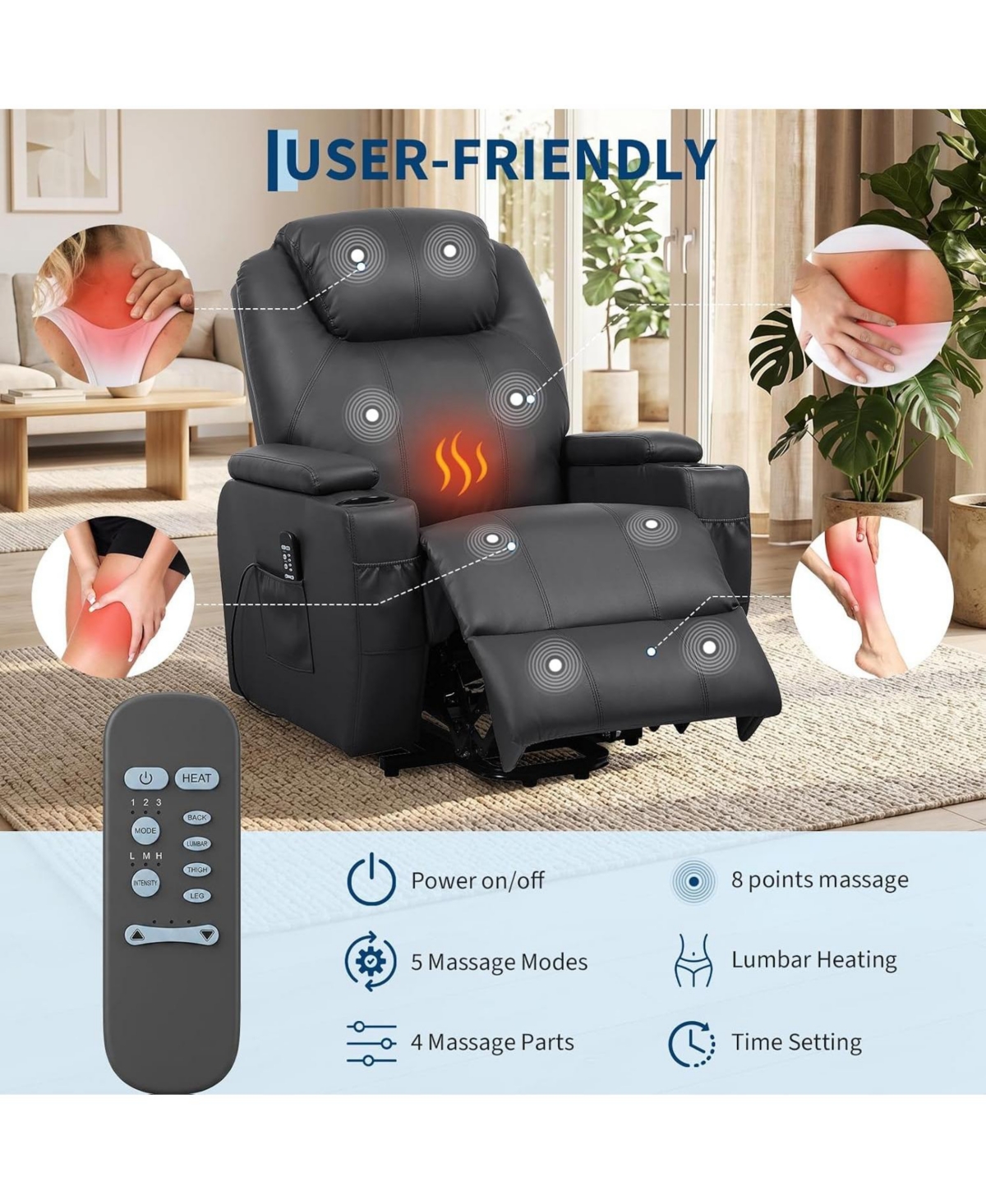 Gaomon Electric Power Lift Recliner Chair with Heat and 8-Point Massage, Pu Leather