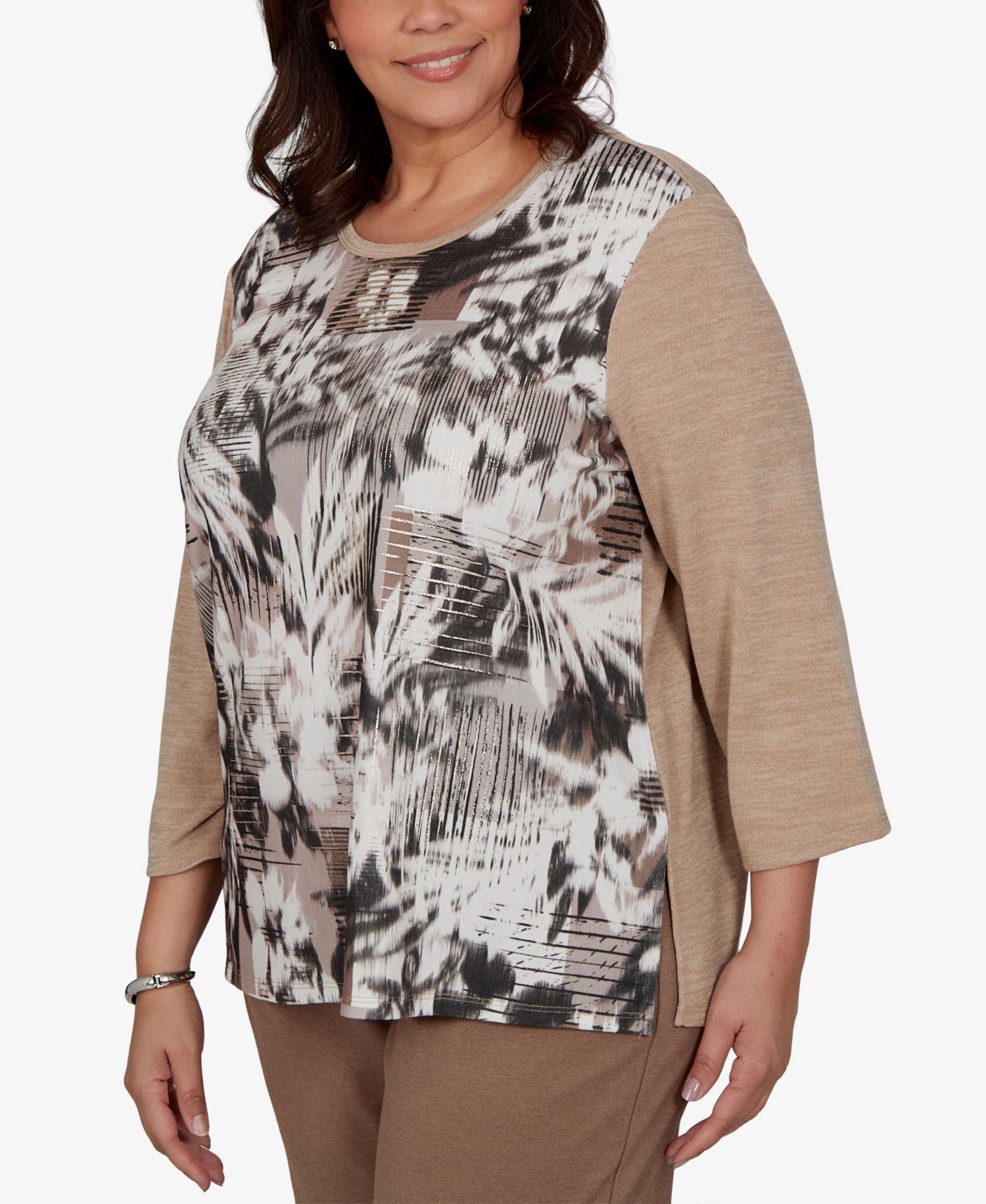 Plus Size Floral-Print 3/4-Sleeve T-Shirt
