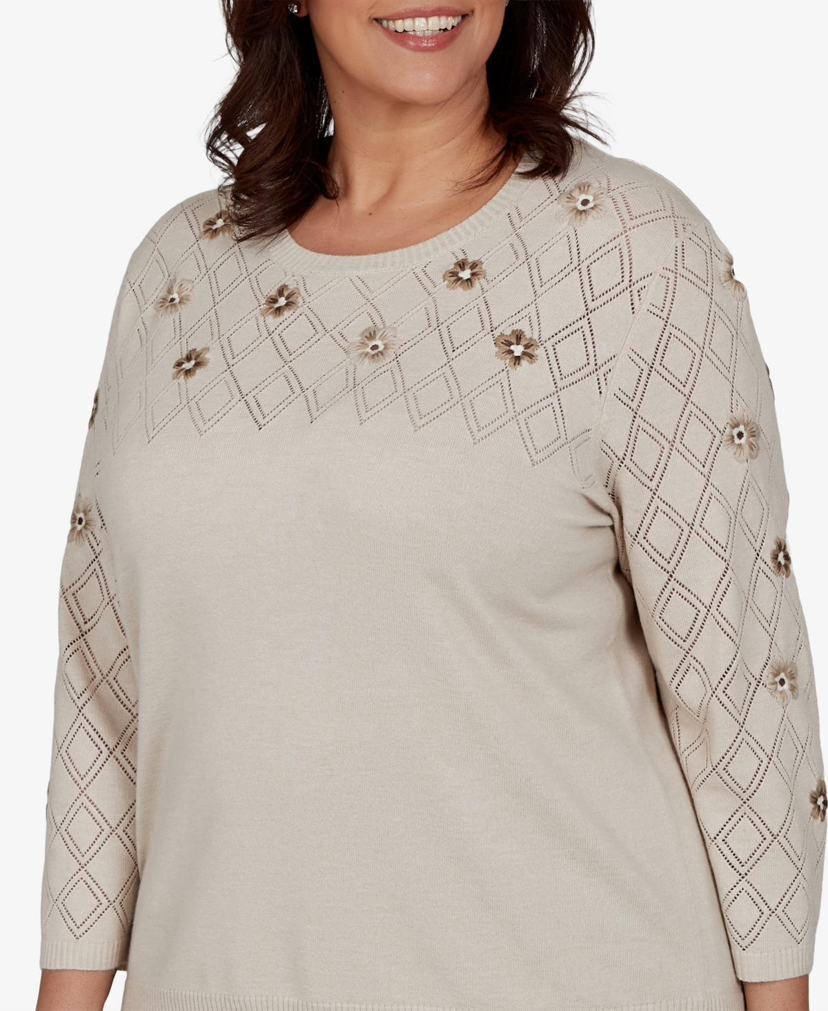 Alfred Dunner Plus 3/4-Sleeve Crewneck Pullover Sweater