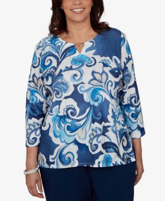 Plus Size Floral-Print 3/4-Sleeve T-Shirt