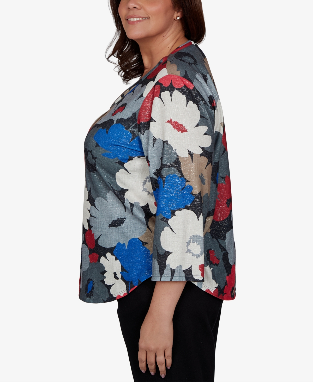 Alfred Dunner Plus Floral V-Neck 3/4-Sleeve Blouse