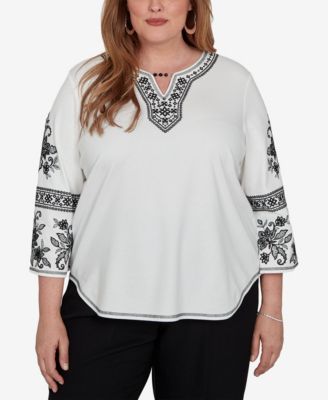 Plus Size 3/4-Sleeve Keyhole Neck Cotton-Blend Blouse