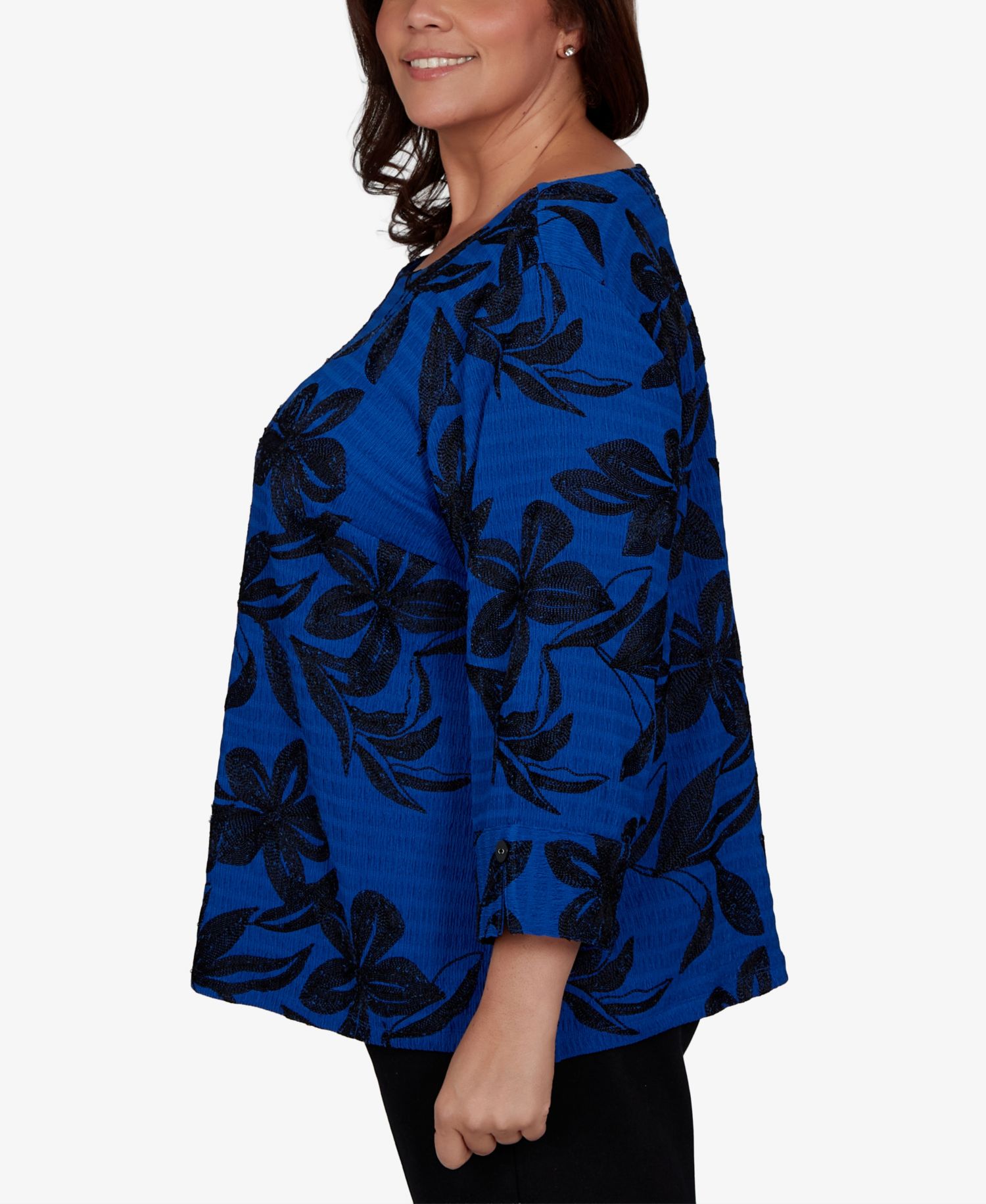 Plus Size Calm Luxe Floral Textured-Knit Boat Neck Blouse