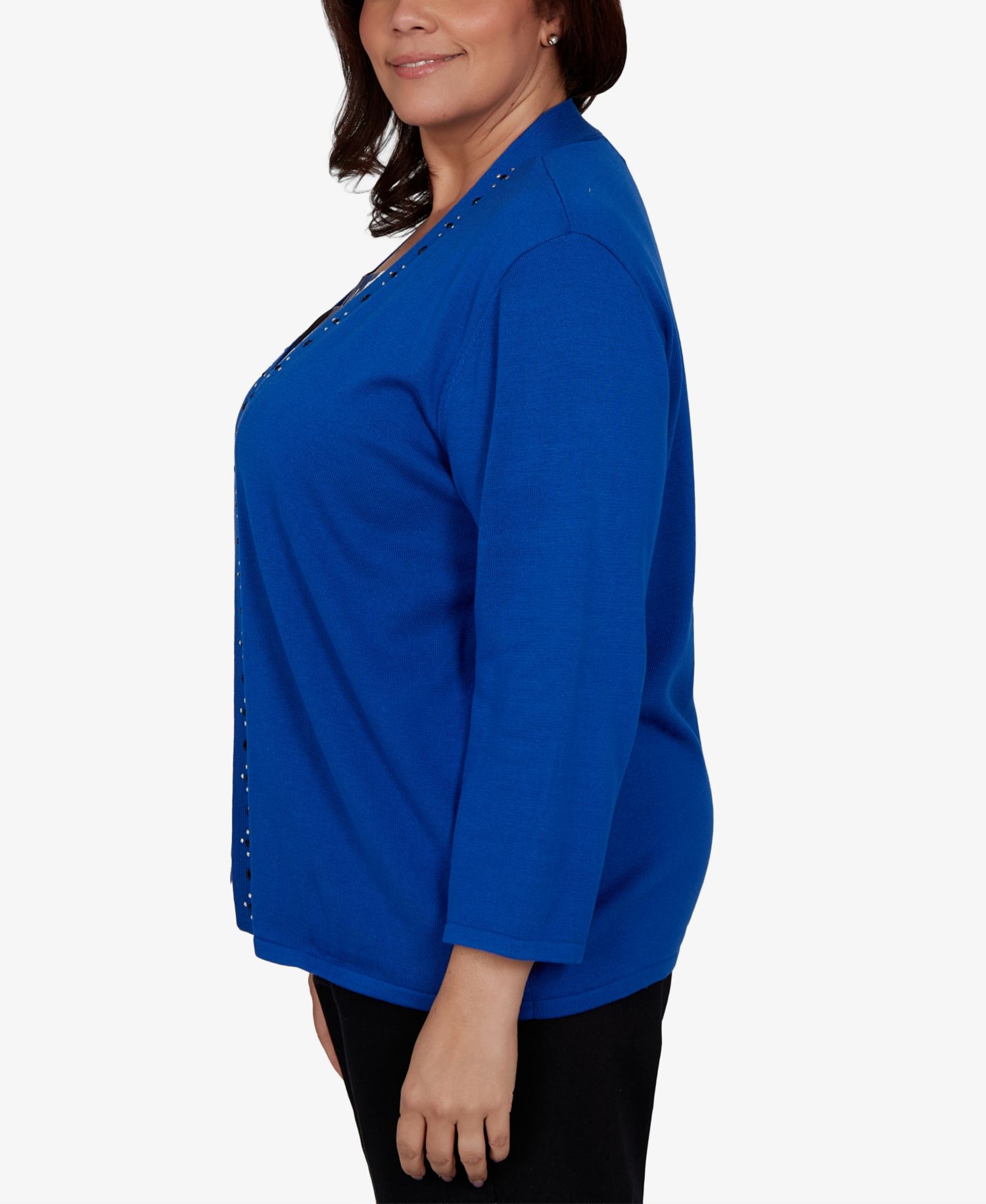 Plus Size Shawl Collar 3/4-Sleeve Embellished Cardigan Sweater
