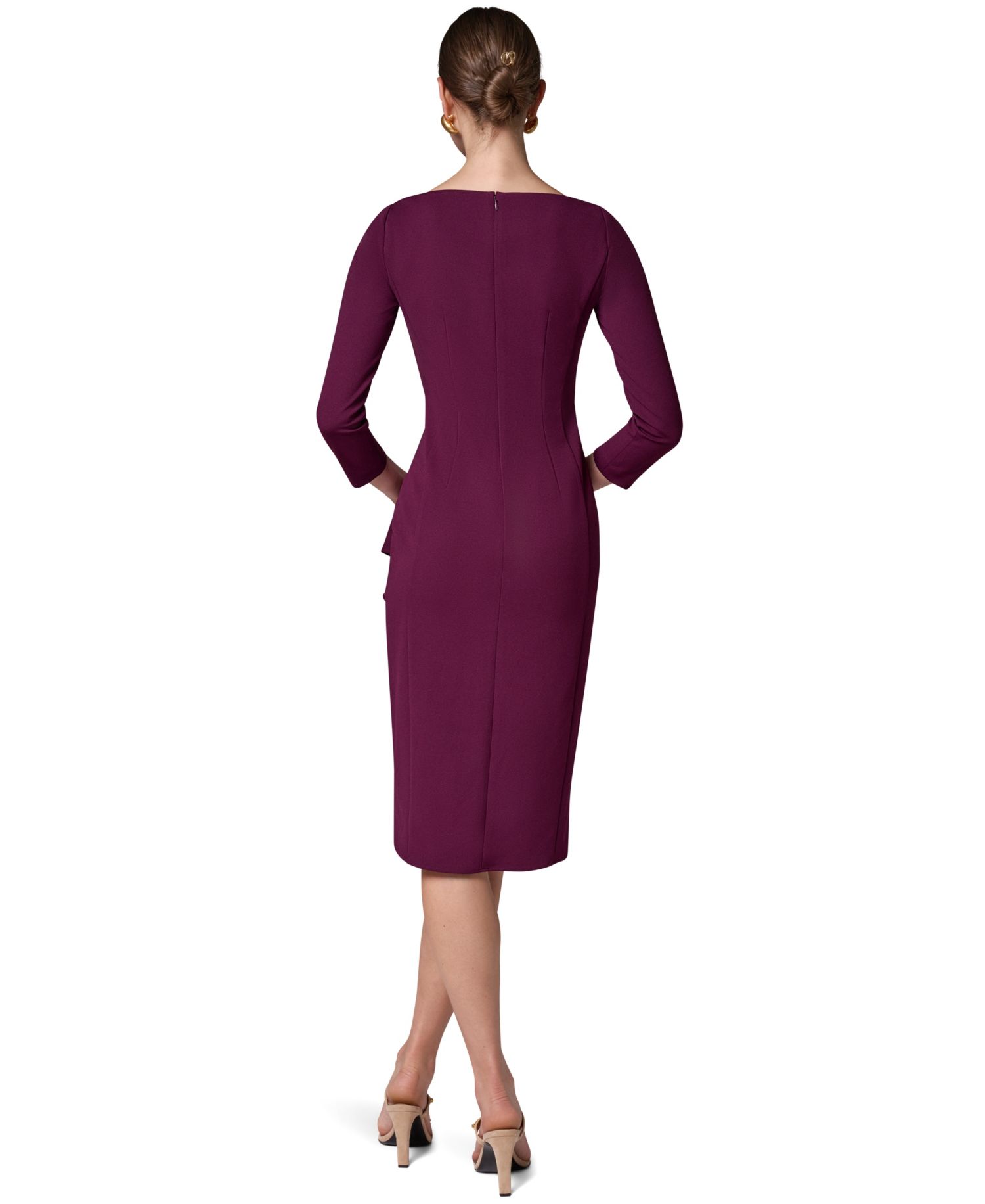Petite Long-Sleeve Boat-Neck Side Cascade Ruffle Dress