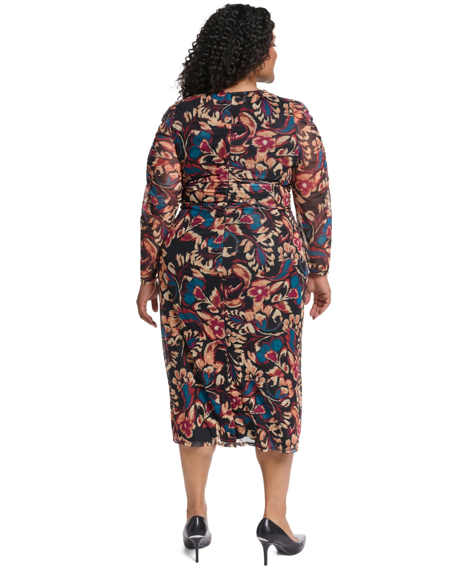 Plus Size Ptd Mesh Twist Neck Body Floral-Print Turtleneck Dress