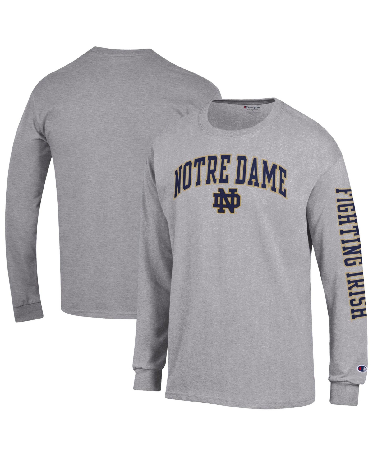Champion Men's Navy Notre Dame Fighting Irish Arch Over Logo 2-Hit Long Sleeve T-Shirt - Heather Gray