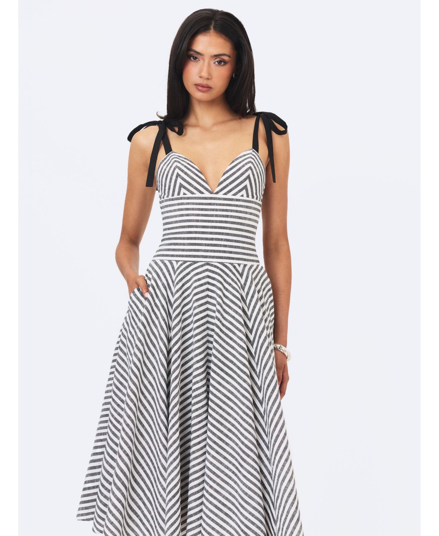 Women's Riley Striped A-Line V-Neck Cotton-Linen Blend Midi Dress