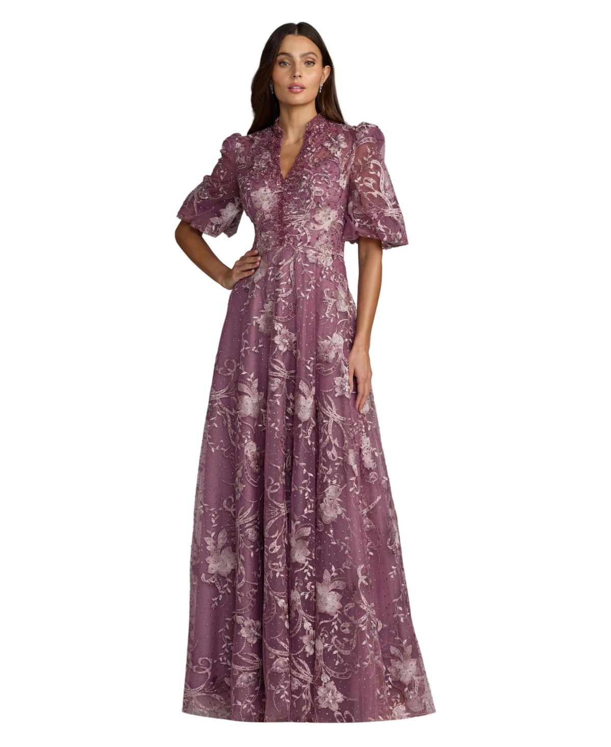 Mac Duggal - Petite Wisteria Queen Anne Puff Sleeve Embroidered A-Line Gown - US 4P