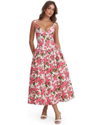 Women's Wilfreda Blooming Pink Floral Linen Sweetheart Midi Dress