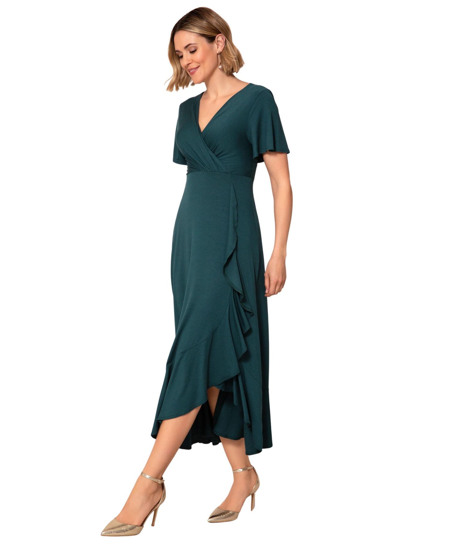 Petite Waterfall Ruffle Wrap V-Neck Short-Sleeve Midi Dress