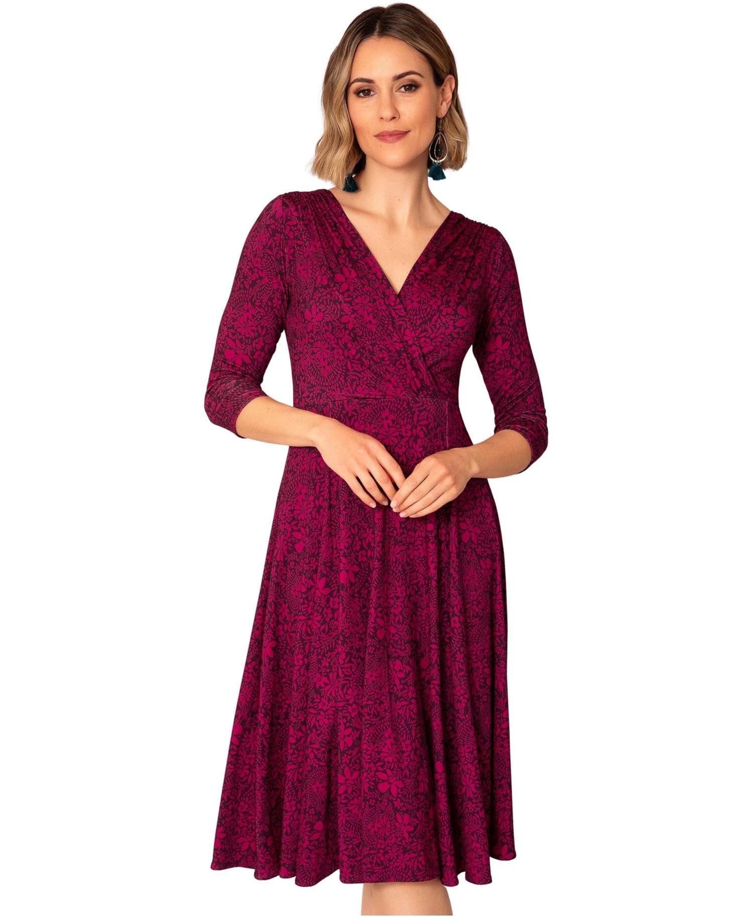 Women's Annie V-Neck 3/4-Sleeve Flare Midi Dress