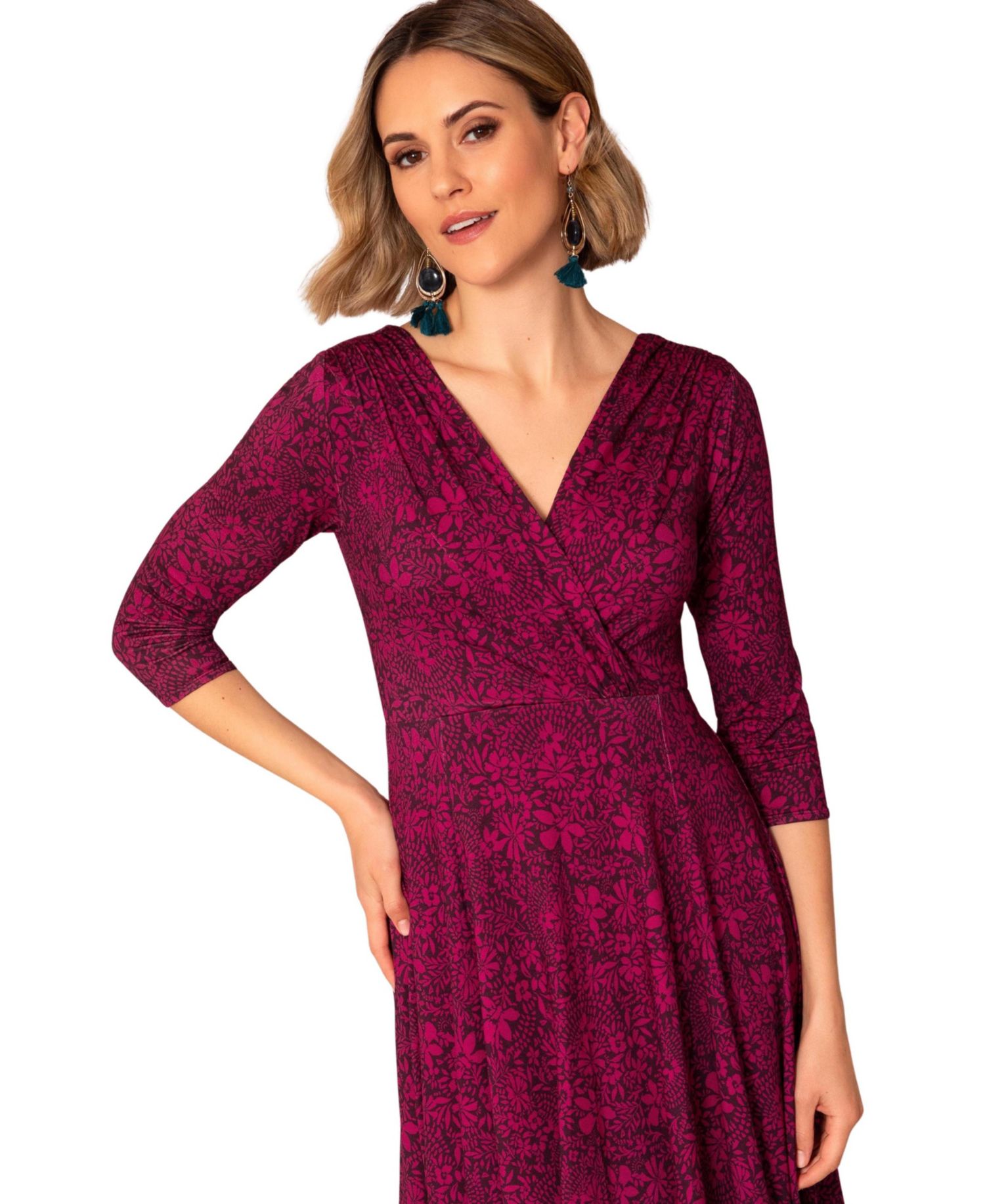 Women's Annie V-Neck 3/4-Sleeve Flare Midi Dress