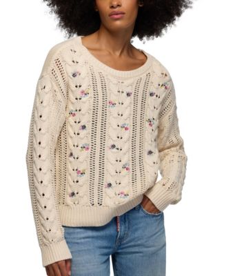 Women's Floral-Embroidered Cable-Knit Crewneck Sweater