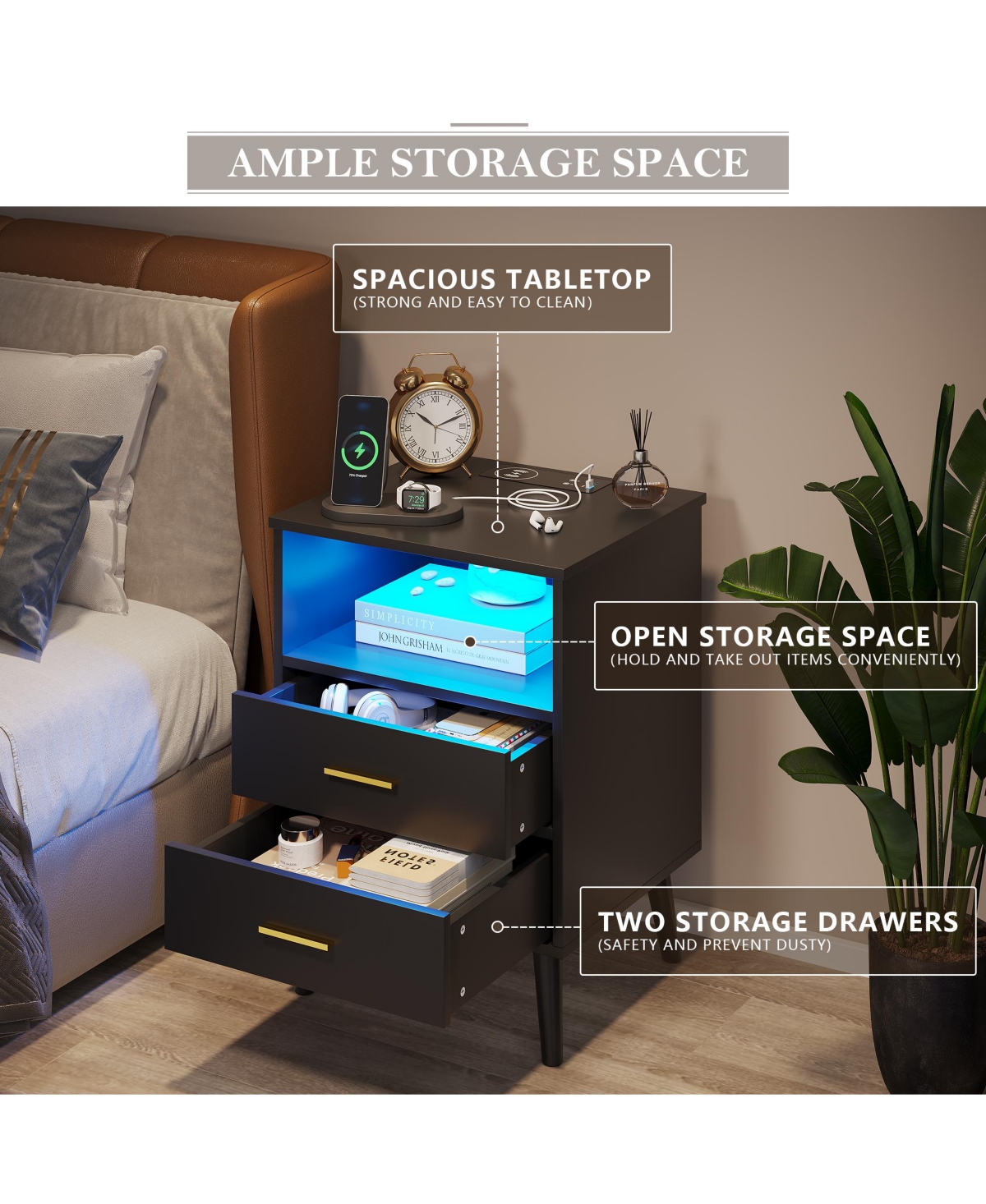 Vlsrka 17.7" W Smart Led Nightstand with 2 Drawers
