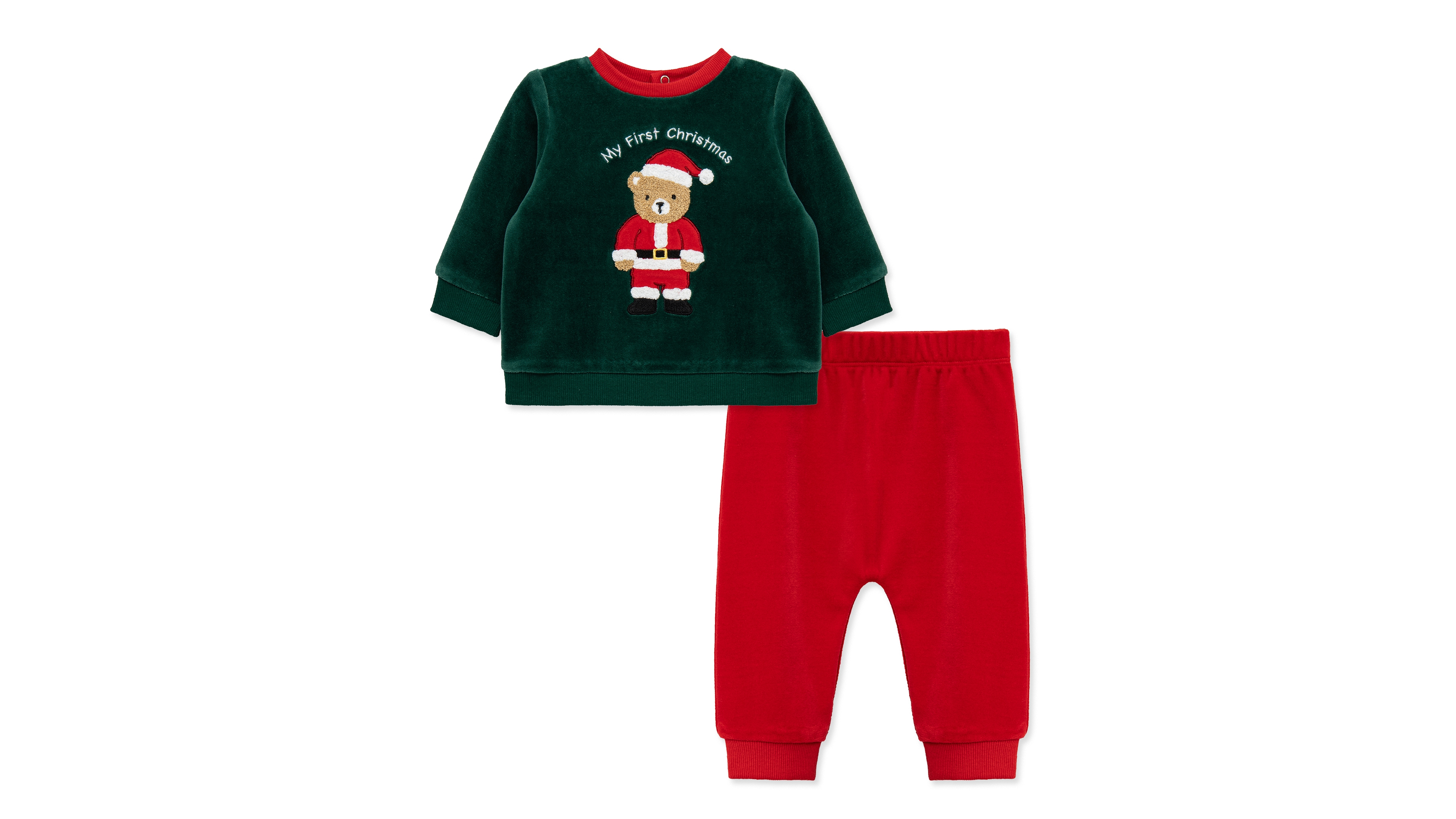 Little Me Baby Boys' Embroidered Santa Bear Velour Top and Pants, 2-Piece Set