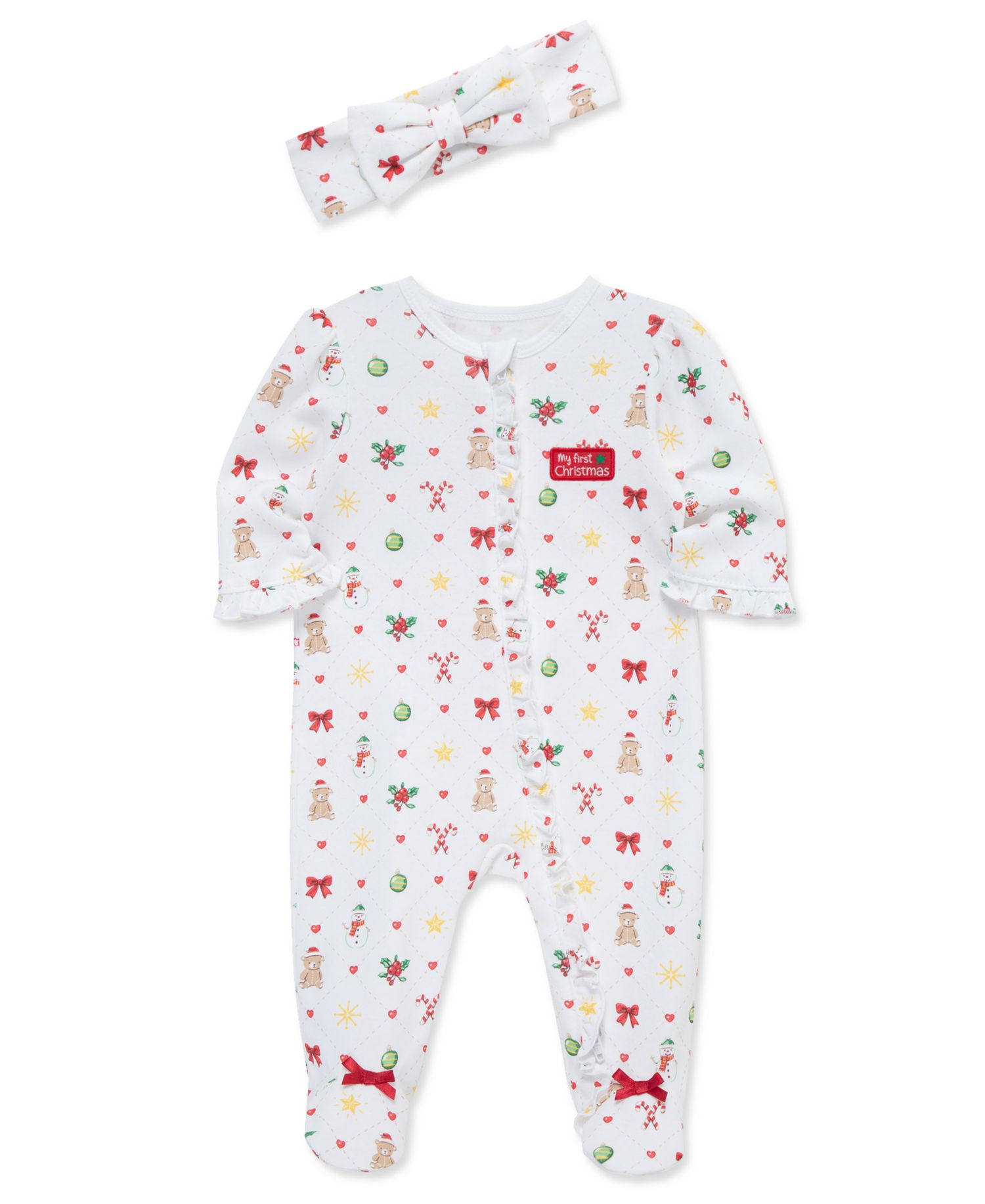Baby Girls' Festive Printed Footed Coveralls and Headband, 2-Piece Set