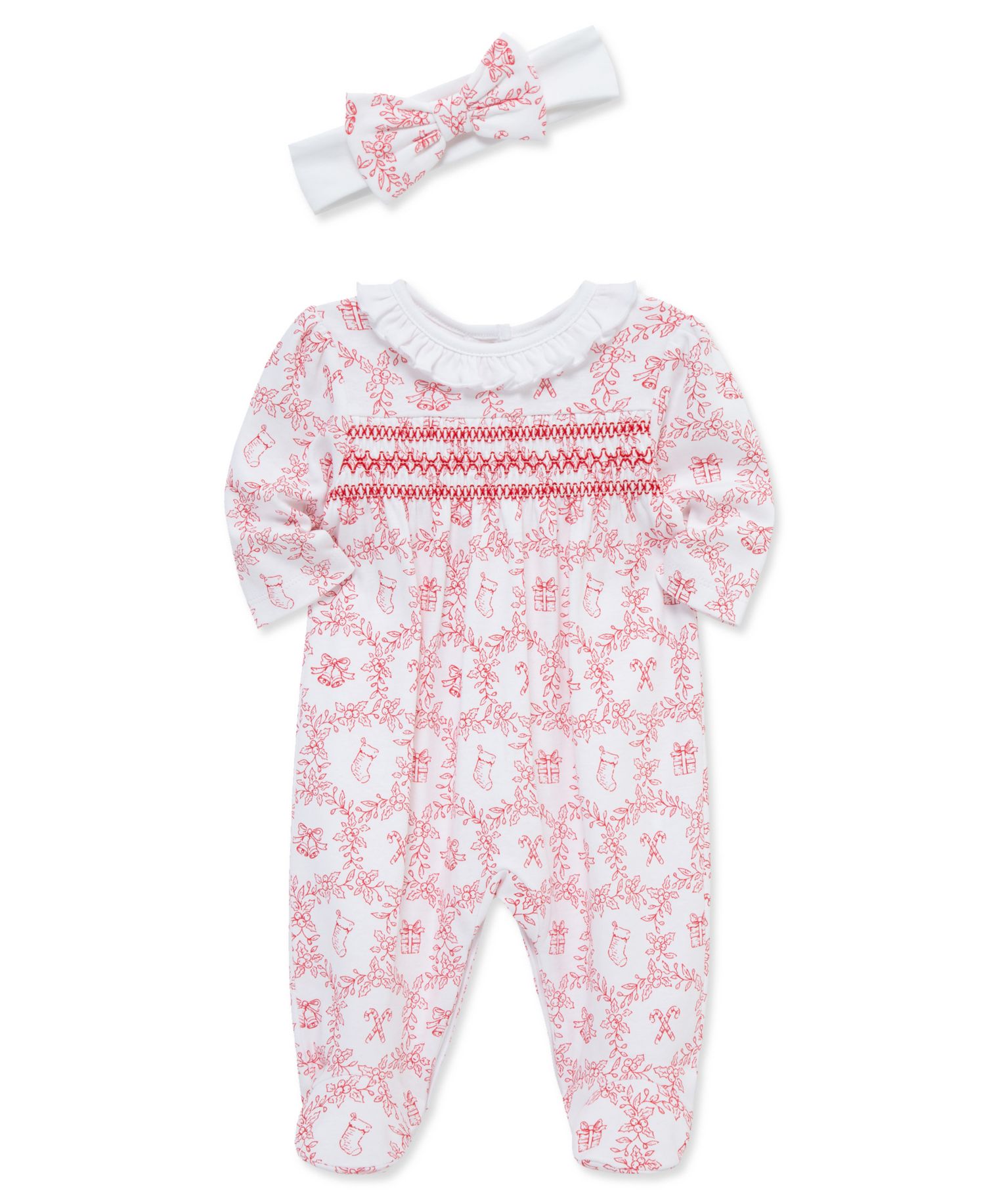 Baby Girls' Festive Toile Print Footed Coveralls and Headband, 2-Piece Set