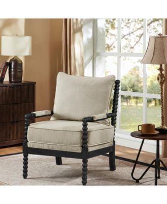 Mid Century Spindle Accent Chair for Living Room Upholstered Armchair with Thick Cushion and Black Wood Frame