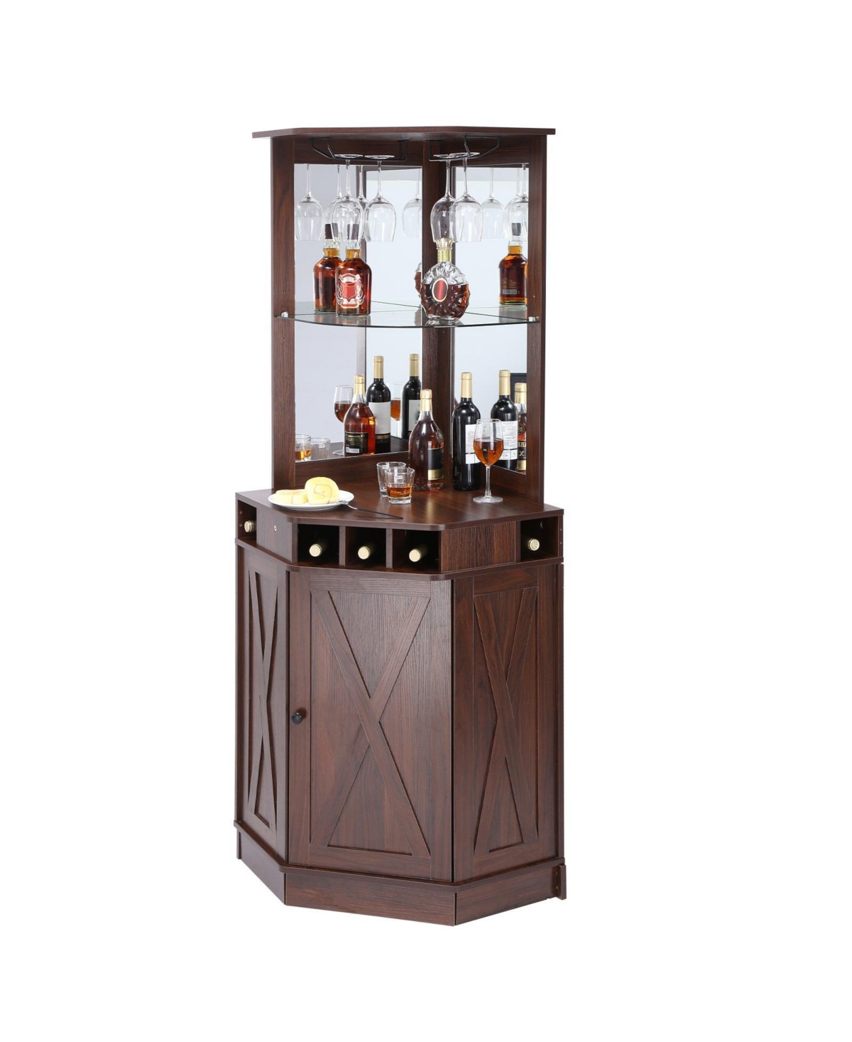 Slickblue Industrial Corner Wine Cabinet with Glass Rack, Liquor Storage Sideboard for Living Room-Walnut - Walnut