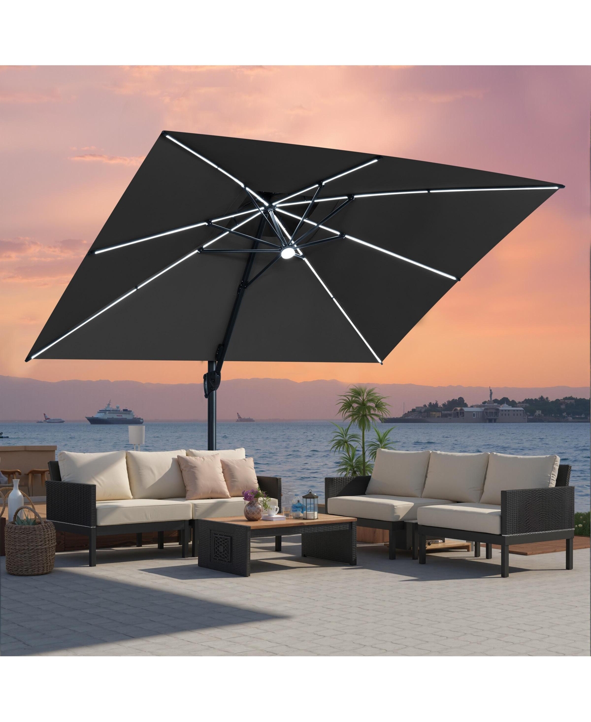 Pellebant Rectangular Solar Powered Led Patio Umbrella Offset Cantilever with 350-lb Base