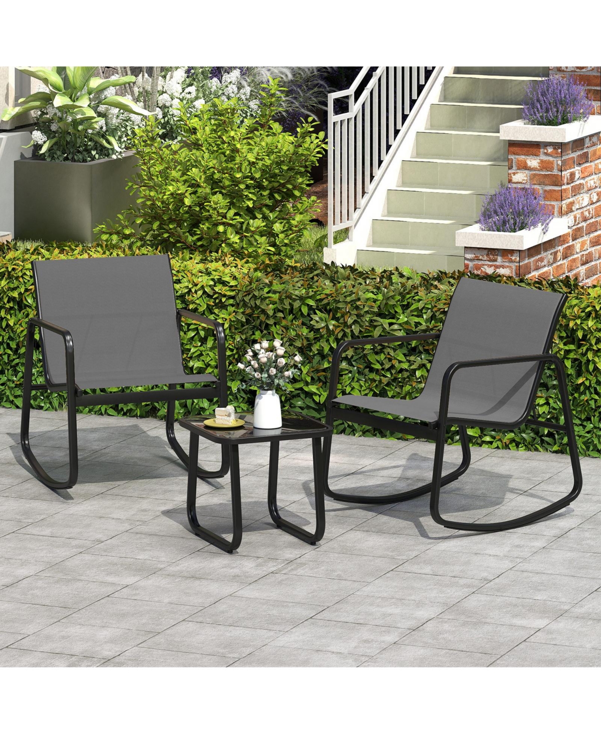 Gymax 3 Piece Patio Rocking Set 2 Rocking Bistro Chairs and Glass-Top Table for Porch