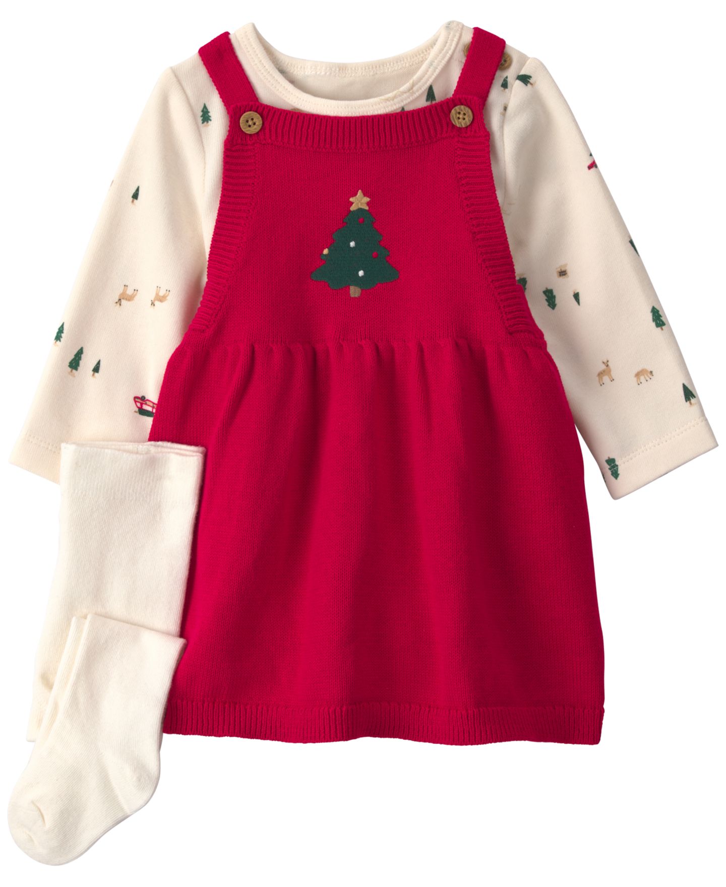 Комплект Carter's Christmas Tree Crewneck T-Shirt, Dress and Tights, 3-Piece Set для девочек-малышей, цвет: Красный / Кремовый — фото 1
